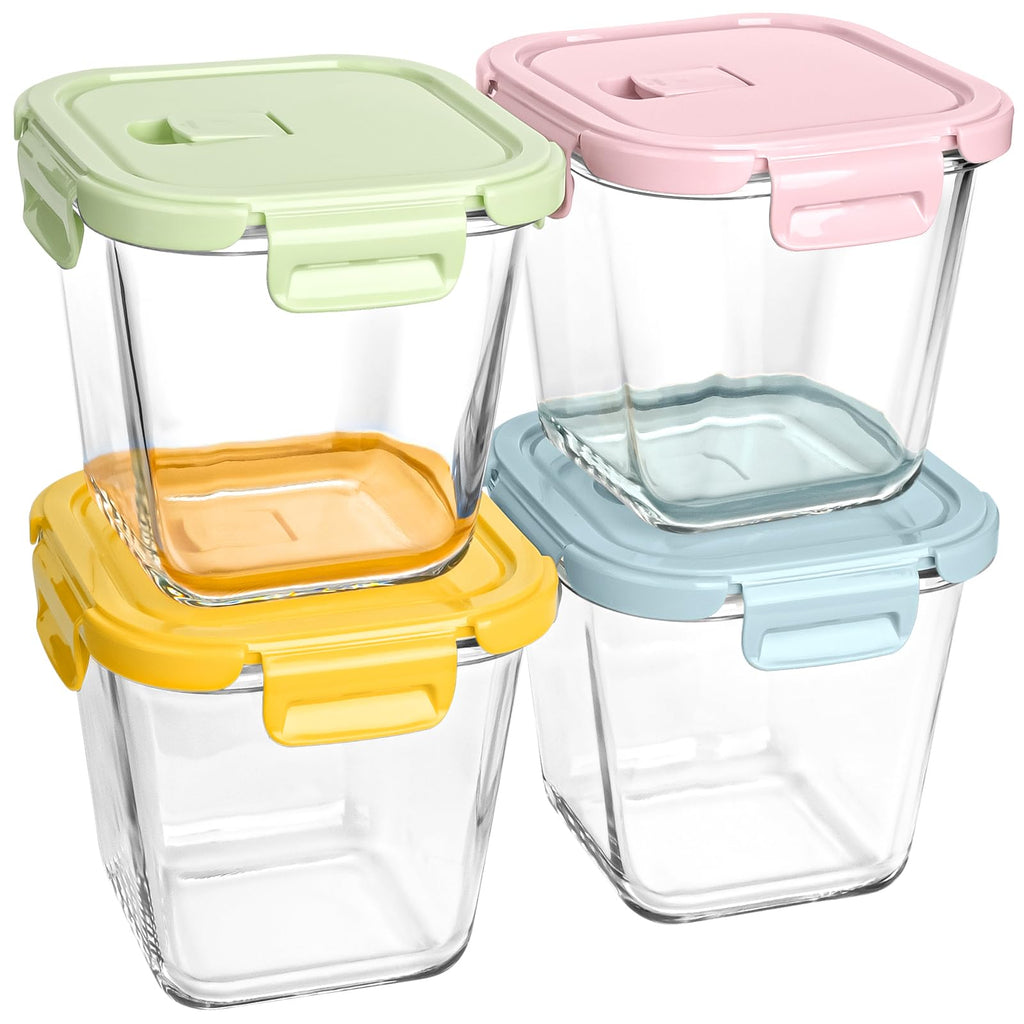 Glass Container Food Storage 32 oz, 4 Cup Overnight Oats Jar, Oven & Microwave Safe Deli Containers with Lids, Freezer Containers for Kitchen, Take Out and To Go, Soup Containers for Food Prep, 4 Pack