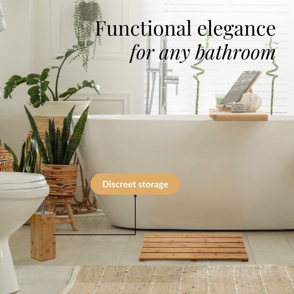 GOBAM Bamboo Toilet Brush and Holder for All Toilet Types - Stainless Steel Handle and Lid - Water Resistant - Toilet Brush Set - Bathroom Cleaning Supplies - Natural