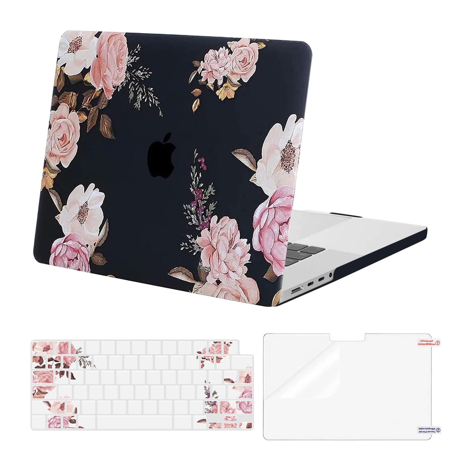 MOSISO Compatible with MacBook Pro 14 inch Case 2025 2024-2021 M4 M3 M2 M1 A3112 A3185 A3401 A2918 A2992 A2779 A2442, Plastic Peony Hard Shell Case&Keyboard Cover&Screen Protector, Black