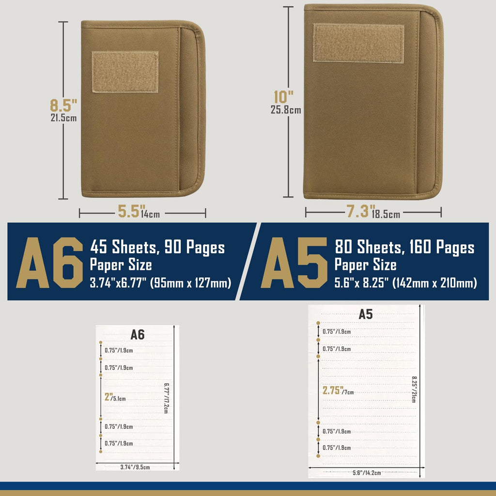 WYNEX Tactical Notebook Padfolio Ring Binders with 45 Sheets,Army Military Notebook Tactical Portfolio Binder with Zipper for Tactical Gear and Organizer, Refillable 6-Ring Binder（A6）
