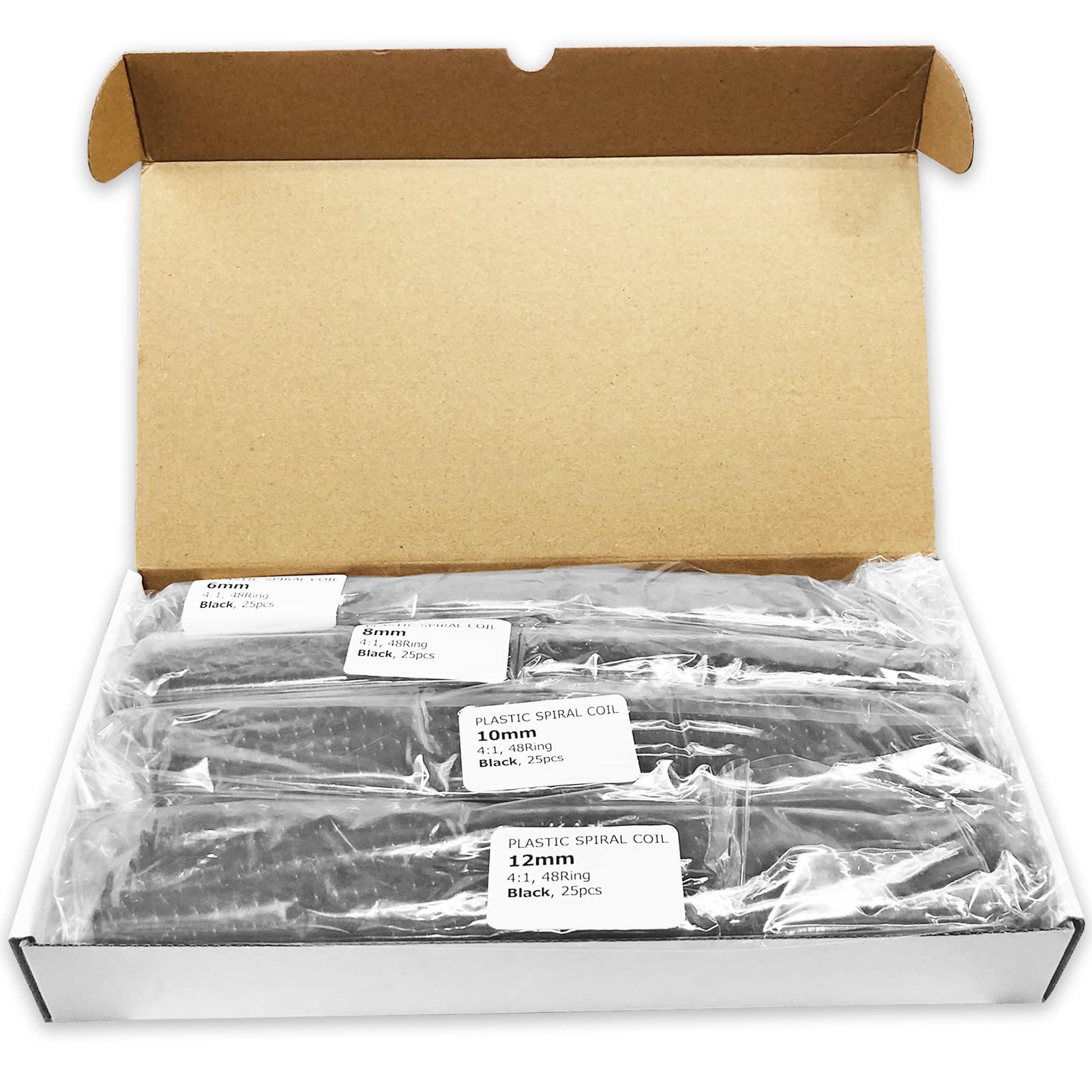Binditek 100 Pack Plastic Spiral Binding Coils, Multi Size (6mm, 8mm, 10mm, 12mm) (1/4", 5/16", 3/8", 1/2"), 4:1 Pitch, Black, for Students and Coworkers