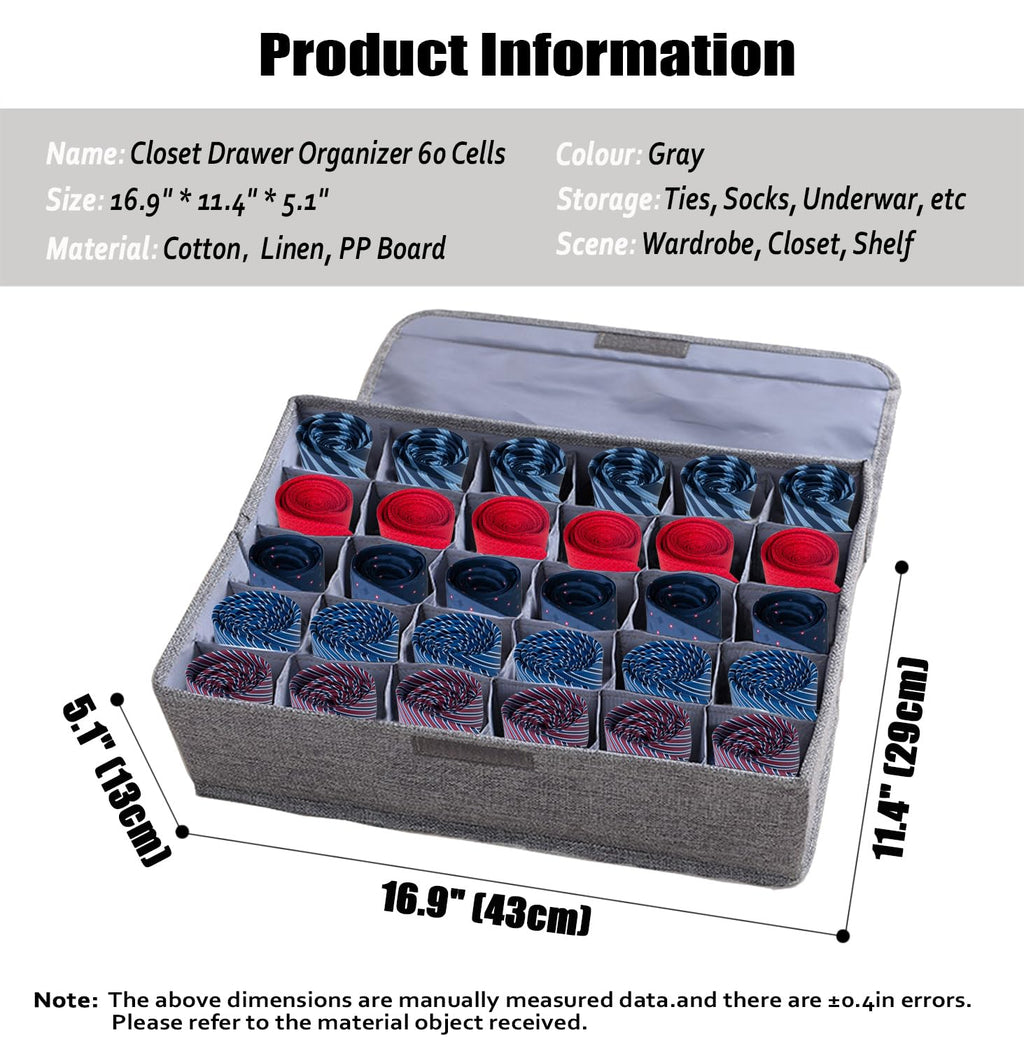 AARAINBOW 2 Packs Tie Storage Box with Lid, 60 Cells Sock Underwear Organizer for Dresser Drawer, Foldable Closet Necktie Holder for Men, Fabric Wardrobe Panty Container for Belt Scarf Lingerie, Gray