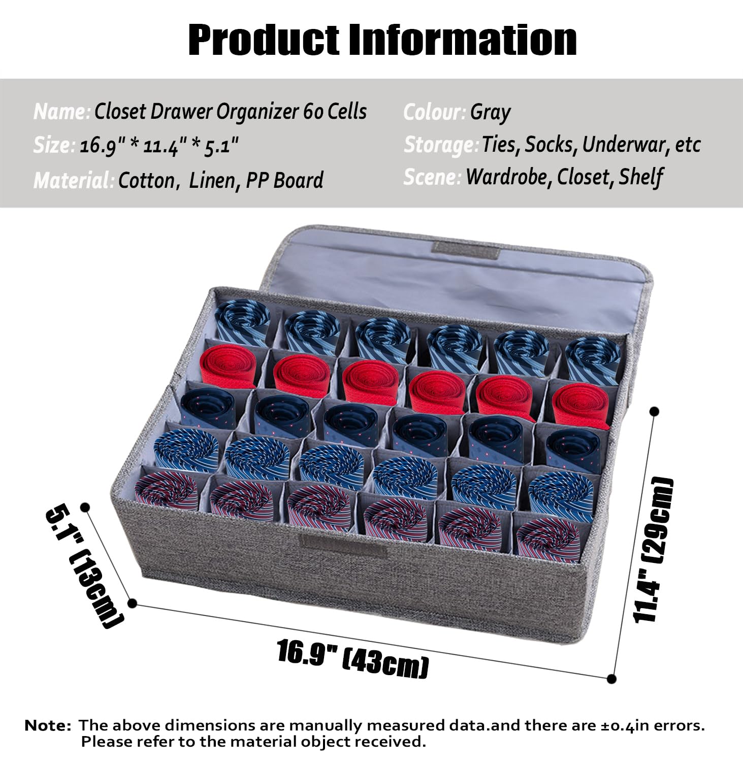 AARAINBOW 2 Packs Tie Storage Box with Lid, 60 Cells Sock Underwear Organizer for Dresser Drawer, Foldable Closet Necktie Holder for Men, Fabric Wardrobe Panty Container for Belt Scarf Lingerie, Gray