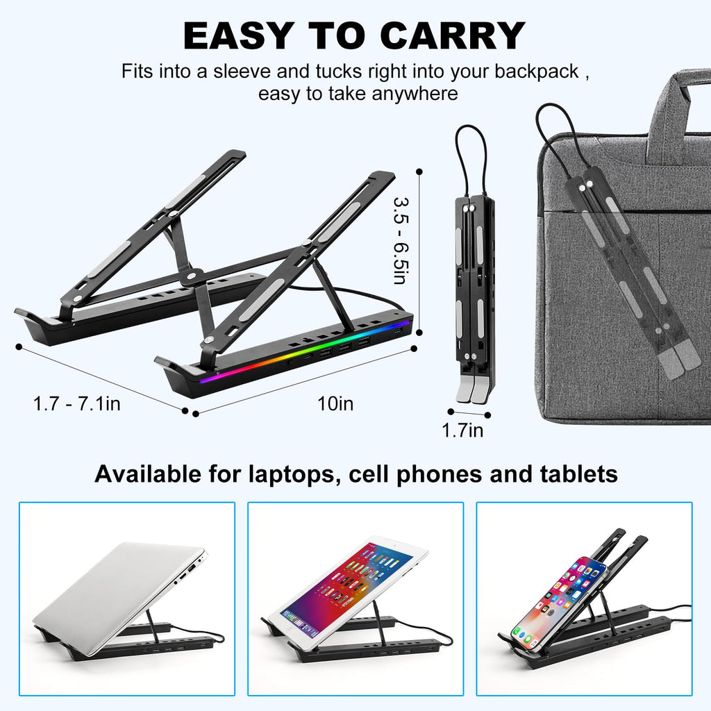 Laptop Stand for Desk, Aluminum Computer Stand with USB-A、USB-C and RGB Lights, Adjustable Foldable Portable Notebook Stand, Multi-Functional Laptop Riser with Additional Ports