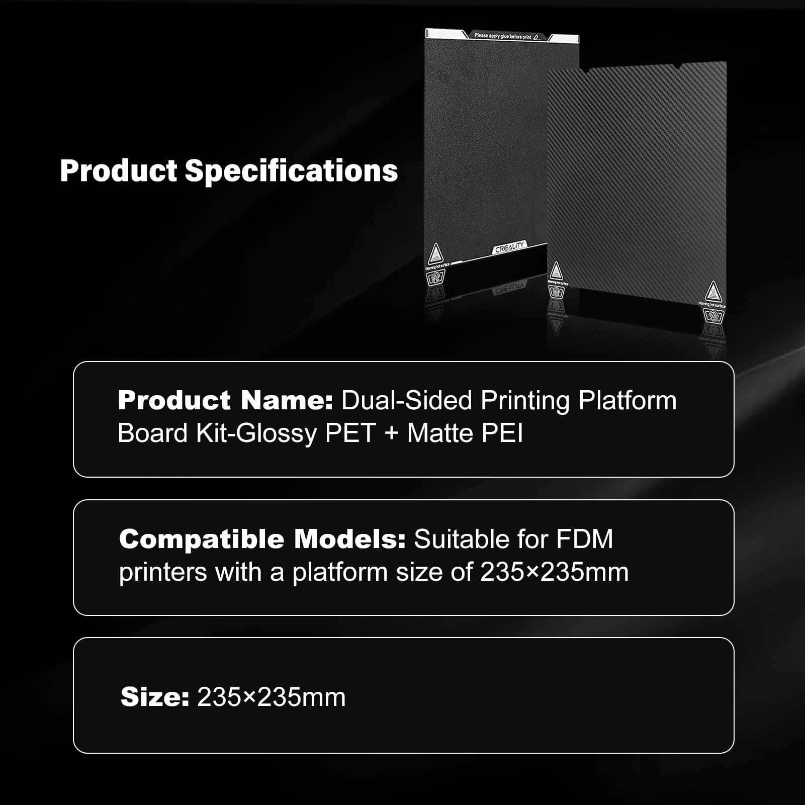 Creality Ender 3 V3 SE Dual-Sided Printing Platform Board Kit (Glossy PET+Coated PEI) Build Plate 235x235mm for Ender-3 Ender 3 S1 Pro/Ender 5 S1 Ender 3 Neo/Ender 3 V2 Neo/Ender 3 V3 KE/CR-10 SE/K1