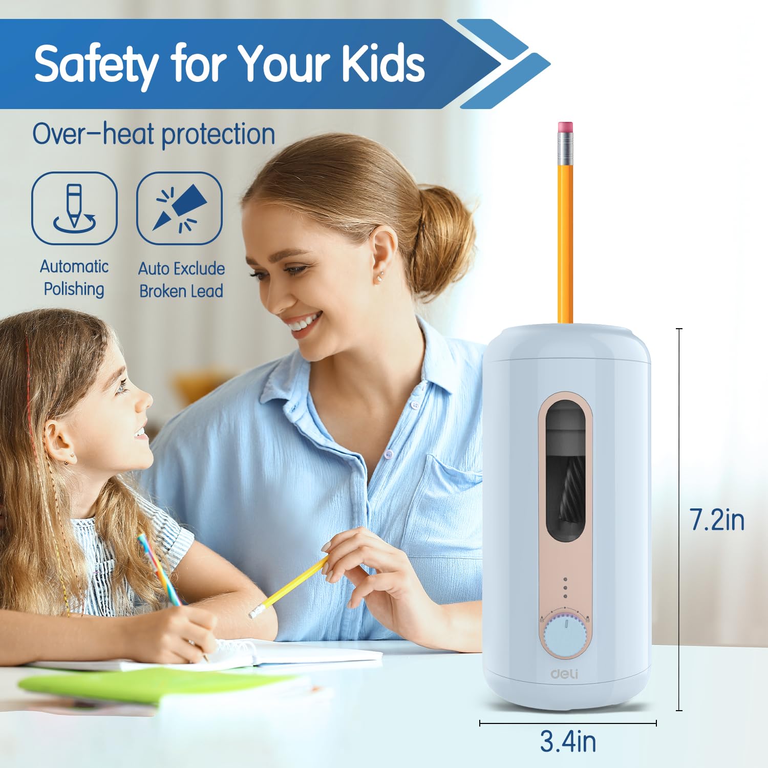 Deli Electric Pencil Sharpener, Fully Automatic Pencil Sharpener, Auto in & Out, Rechargeable Hands-Free Pencil Sharpener for 6.9-12mm, Home, Classroom, Battery Operated, Blue