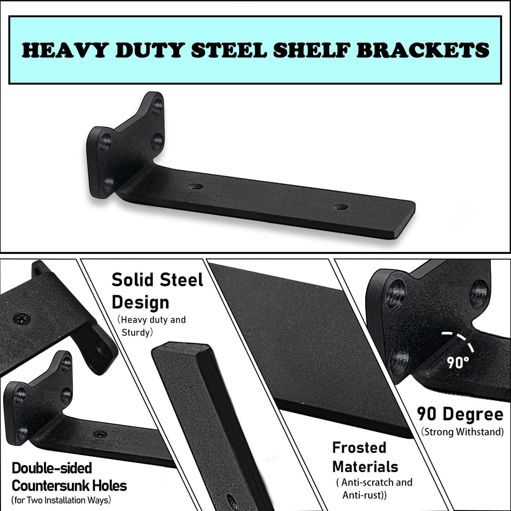 Floating Shelf Brackets Heavy Duty Industrial L Shelf Bracket 1/5 Inch Thick Premium Solid Steel Shelf Supports, Black Rustic Wall Brackets for Shelves - 5 Inch Floating Shelves Hardware (6 Pack)