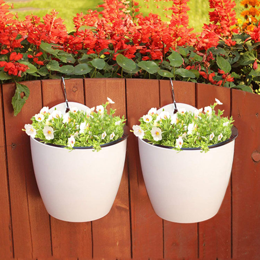 Jucoan 9 Pack Self Watering Wall Hanging Planters Pots for Indoor Plant, 5 Inch White Plastic Lazy Flower Pot with 9 Hooks for Garden Fence, Porch, Wall