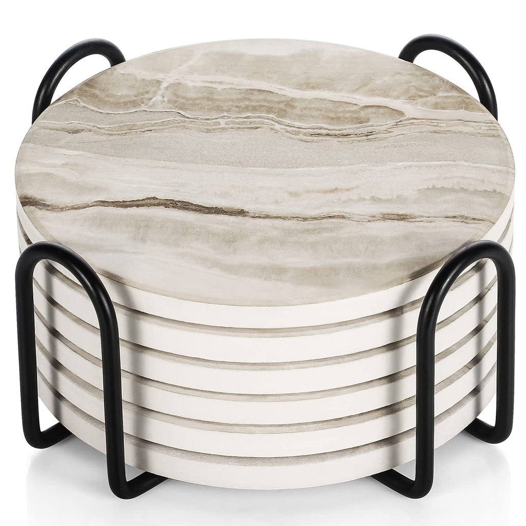 LIFVER Drink Coasters with Holder, Absorbent Coaster Sets of 6, Marble Style Ceramic Drink Coaster for Tabletop Protection,Suitable for Kinds of Cups, Wooden Table, Cool Home Decor, 4 Inches