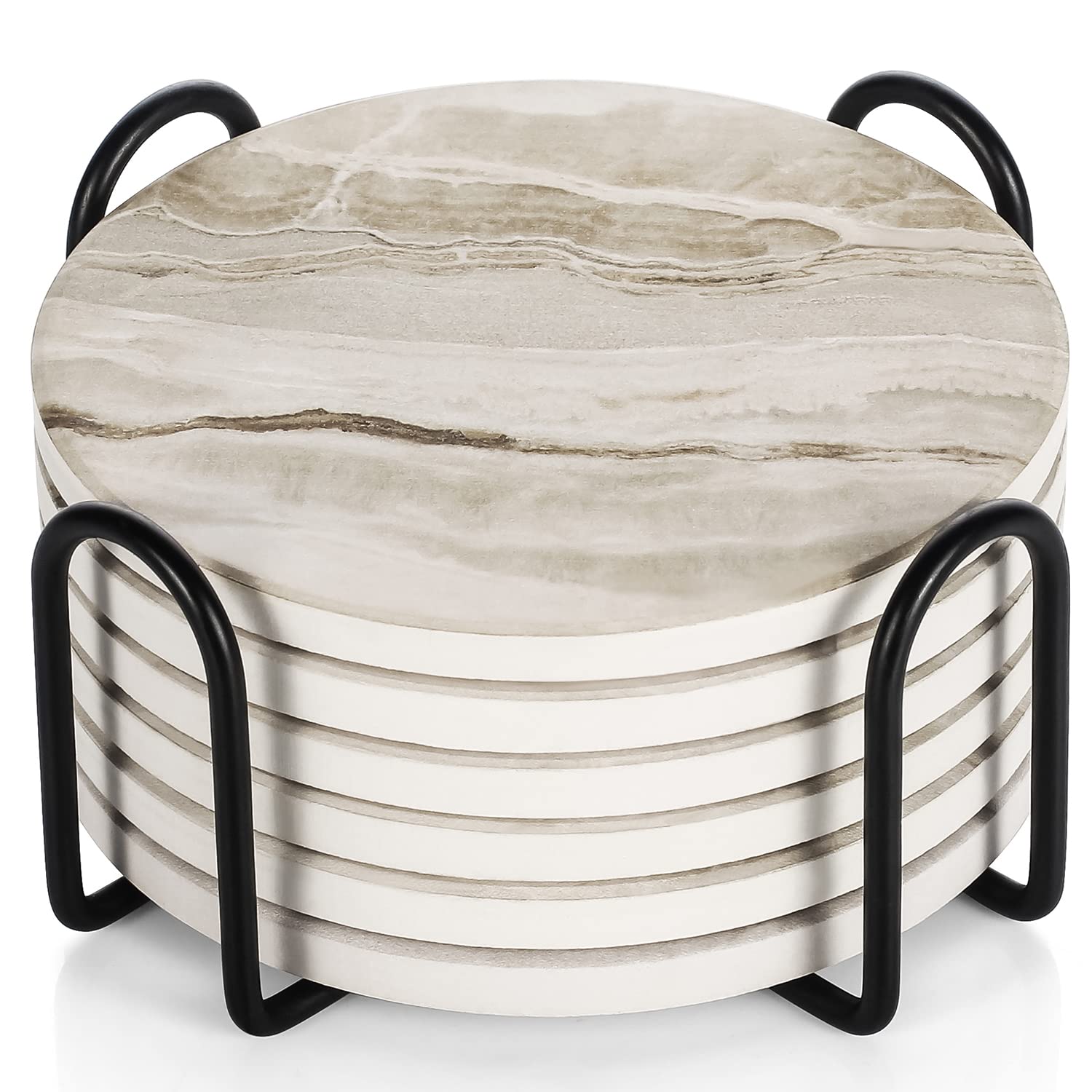 LIFVER Drink Coasters with Holder, Absorbent Coaster Sets of 6, Marble Style Ceramic Drink Coaster for Tabletop Protection,Suitable for Kinds of Cups, Wooden Table, Cool Home Decor, 4 Inches