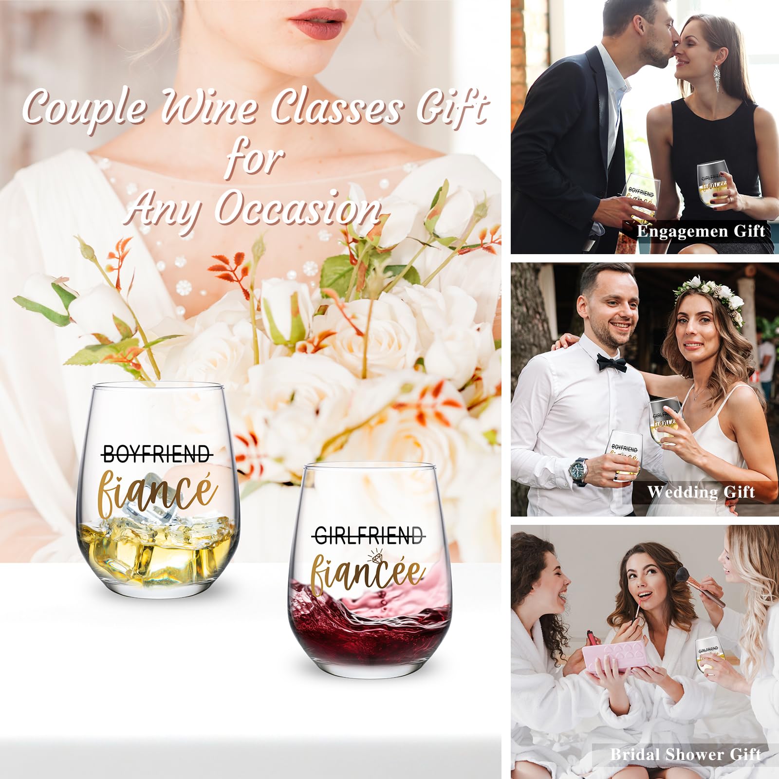 JTAMOHI Engagement Gifts for Couples, 5 Pcs Fiance Fiancee Wine Glass Gifts Set, Engagement Gifts for Newly Engaged Couples, Fiance Fiancee Gifts for Him and Her, Newlywed Wedding Gifts, Bridal Shower