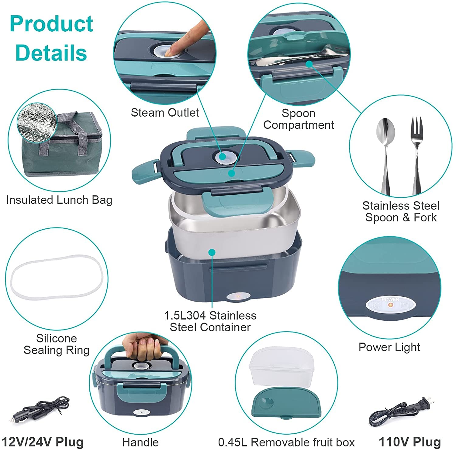 Electric Heated Lunch Box Food Heater/Warmer Portable for Adults Car Truck and Home Work Electric Lunch Box - Leak Proof, 1.5L Removable 304 Stainless Steel Container