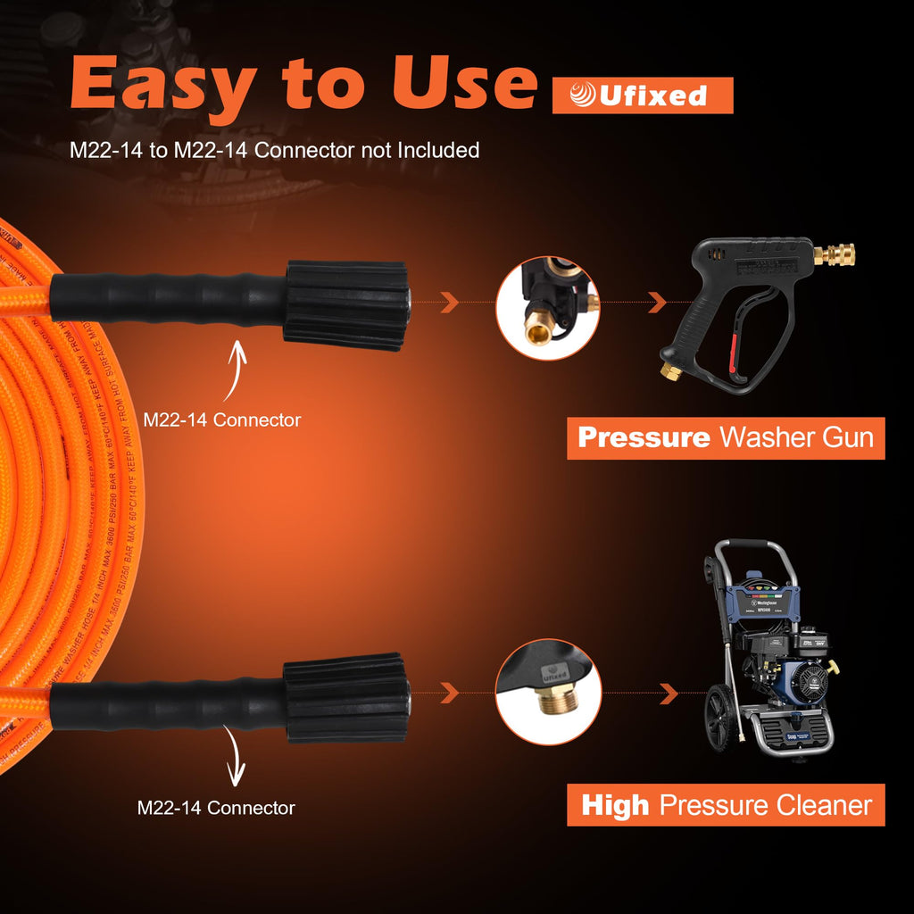 1/4 Pressure Washer Hose 25FT 3600 PSI, Ufixed Power Washer Hose Kink Free High Pressure Hose M22 14MM Solid Brass Fittings Pressur Washer Replacement Hose Light Weight Orange-red