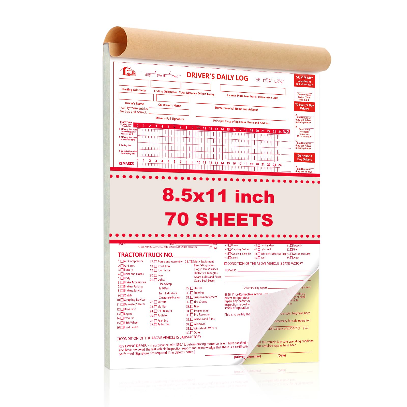 70 Sheets 2-in-1 Driver Vehicle Inspection Report Book 8.5x11 inch Drivers Daily Log Book Large Pretrip Checklist Notebook for Truck Driver