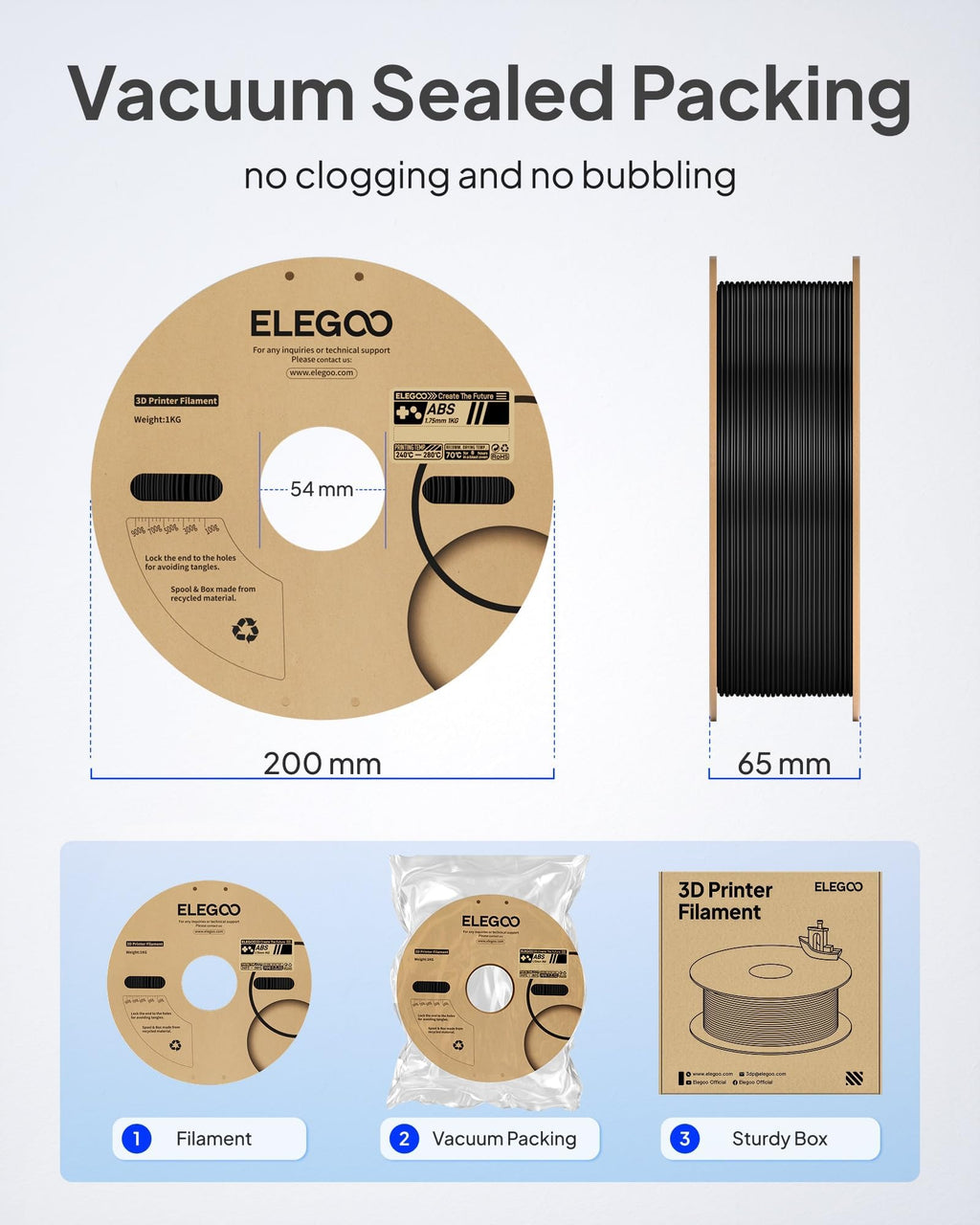 ELEGOO ABS 3D Printer Filament 1.75 mm Black, High Toughness & Impact Resistance, Heat & Water Resistant, 1 kg Spool Engineering Grade Filament for FDM Printers
