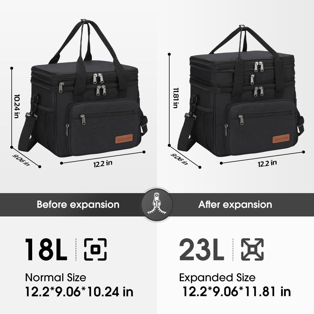 Maelstrom Lunch Bag Women,23L Insulated Lunch Box for Men Women,Expandable Double Deck Cooler Bag,Lightweight Leakproof Tote Bag with Side Tissue Pocket (Black)
