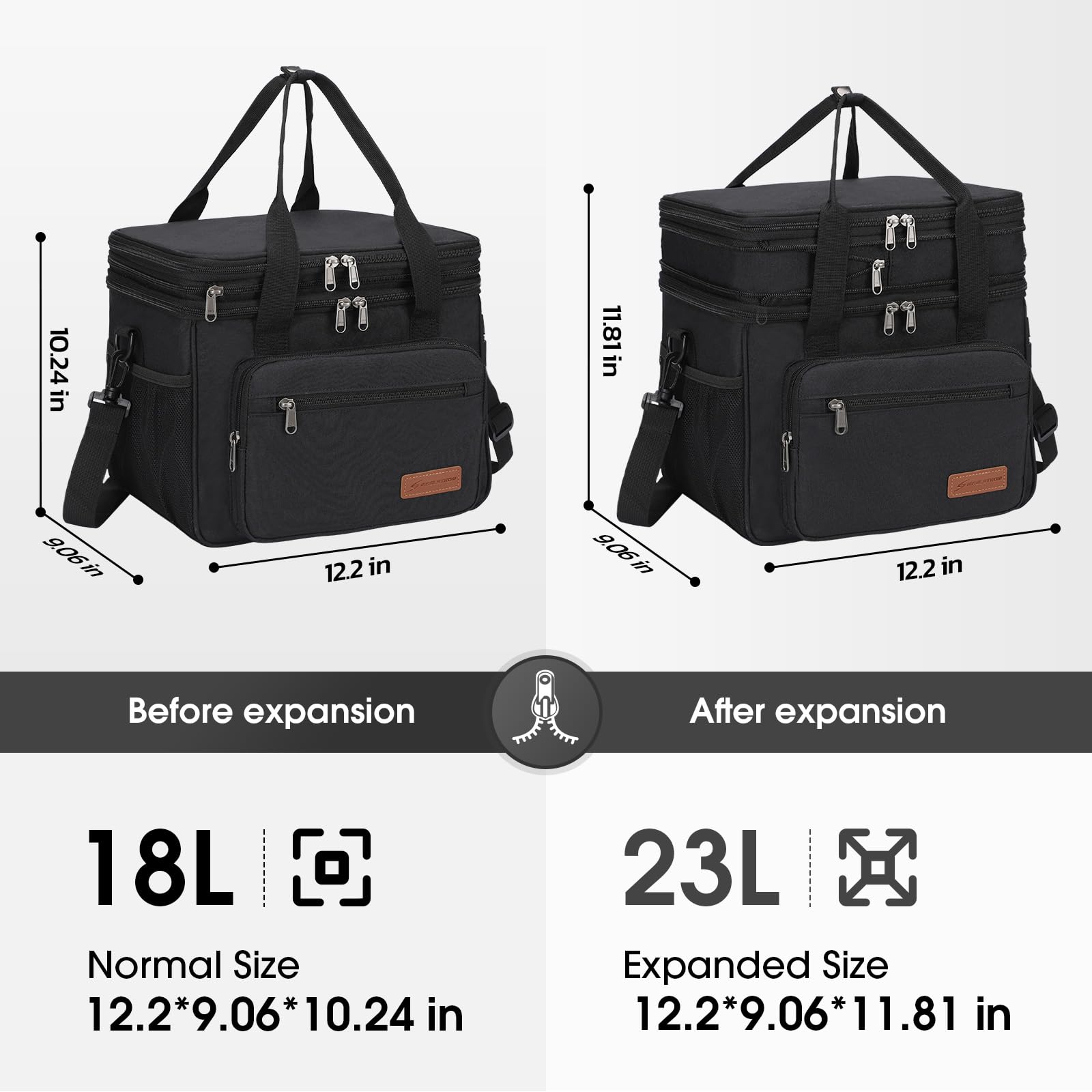 Maelstrom Lunch Bag Women,23L Insulated Lunch Box for Men Women,Expandable Double Deck Cooler Bag,Lightweight Leakproof Tote Bag with Side Tissue Pocket (Black)