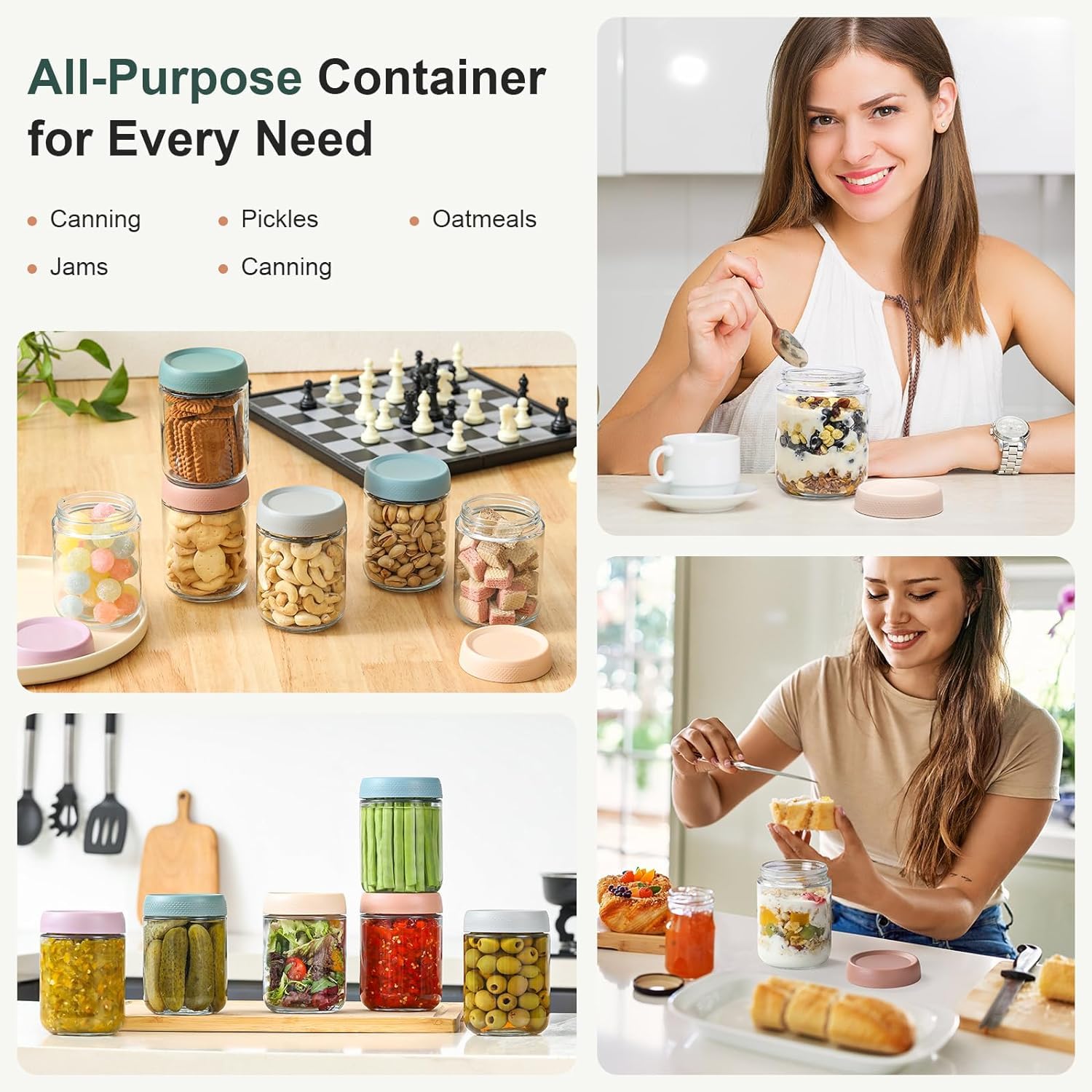 ALINK 4-pack 16 oz Overnight Oats Containers with Lids, Glass jars with Airtight Lids, Wide mouth Mason Salad jars, Glass Food Storage Containers for Snacks Yogurt Spice Sugar