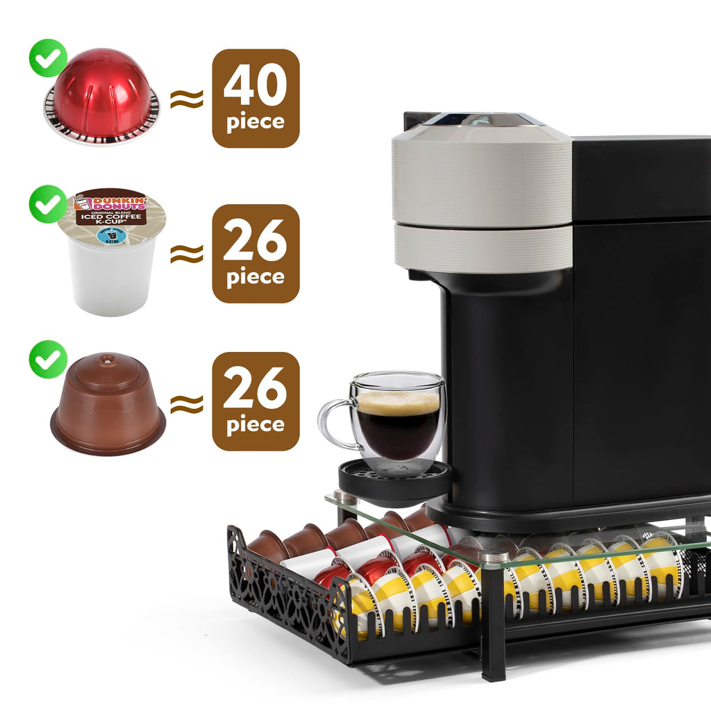 RECAPS Crystal Tempered Glass Organizer Drawer Holder Compatible with Nespresso Vertuo Capsules, K Cup Pod Drawer Coffee Maker Machine Stand.