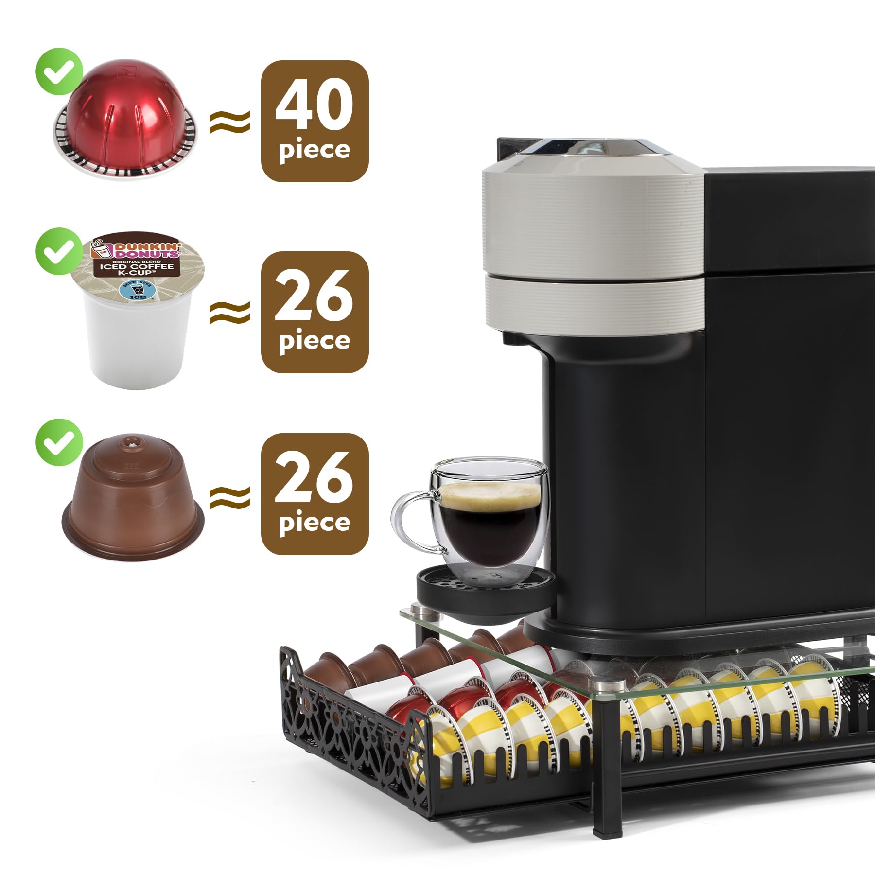 RECAPS Crystal Tempered Glass Organizer Drawer Holder Compatible with Nespresso Vertuo Capsules, K Cup Pod Drawer Coffee Maker Machine Stand.