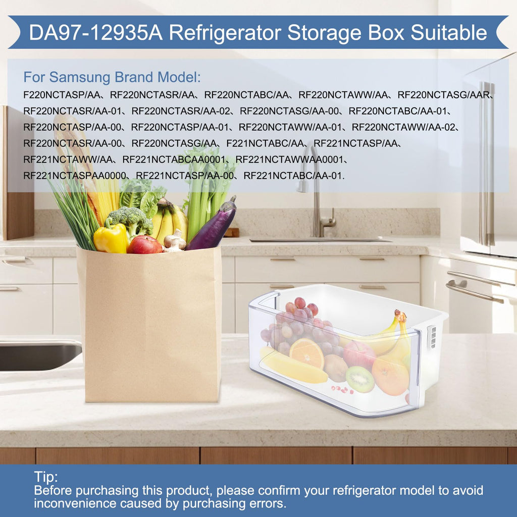 DA97-12935A Door Bin,Replacement for Samsung Fridge Door Bin RF220NCTASG、RF220NCTASR、RF220NCTASP、RF220NCTAWW etc refrigerator. Replace PS5575404、Ap5651846、EAP5575404、3377713 Samsung Fridge Door Shelf.