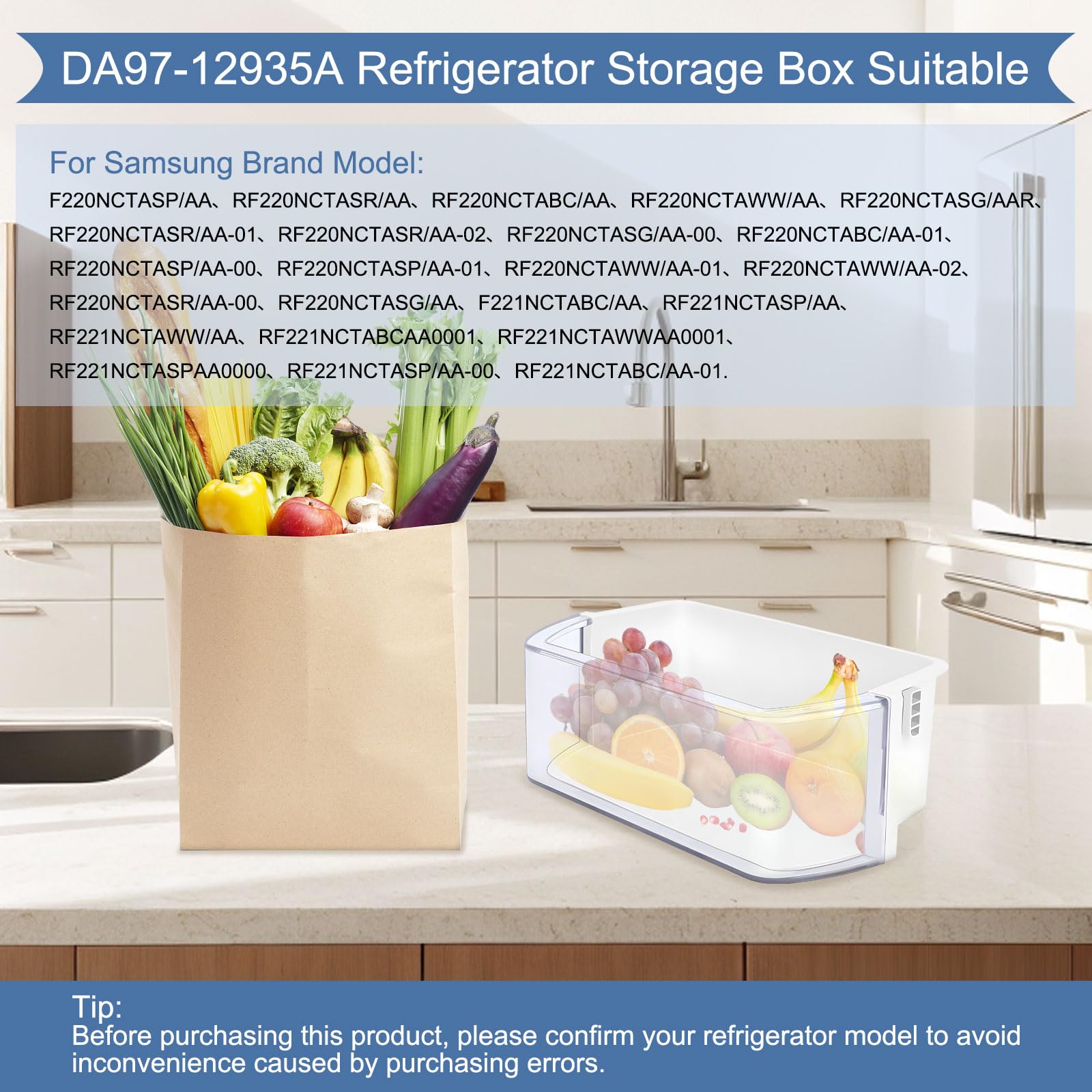 DA97-12935A Door Bin,Replacement for Samsung Fridge Door Bin RF220NCTASG、RF220NCTASR、RF220NCTASP、RF220NCTAWW etc refrigerator. Replace PS5575404、Ap5651846、EAP5575404、3377713 Samsung Fridge Door Shelf.
