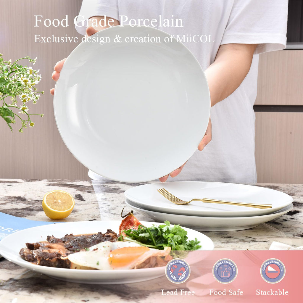 Miicol Ceramic Dinner Plates Set of 4, Large Salad Plate 10.5 inch / 27 cm, White Flat Dish, Porcelain Serving Dishes for Pasta, Steak, Dessert, Microwave and Dishwasher Safe, Scratch Resistant