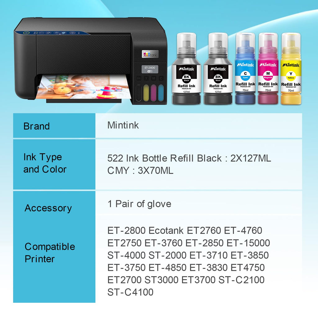 522 Ink Replacement for Epson 522 Ink Refill Bottles Work for Ecotank ET-2800 ET-2720 ET-2803 ET-2400 ET-4800 ET-2720 ET-4700 ET-2840 ET-4810 Printer