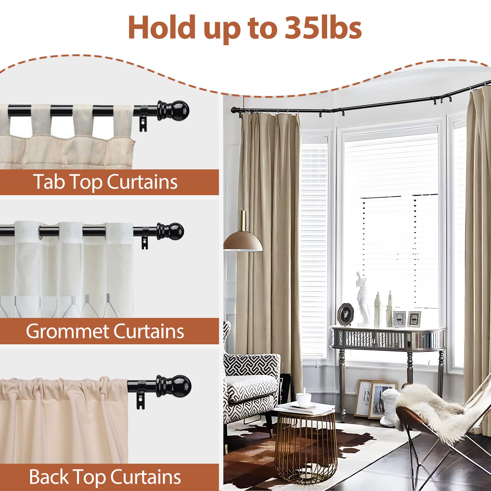 Bay Window U Shaped Curved Curtain Rods, 59-184 Inches, 1 Inch Diameter Heavy Duty Black, Adjustable for Bedroom, Living Room, Corner Windows