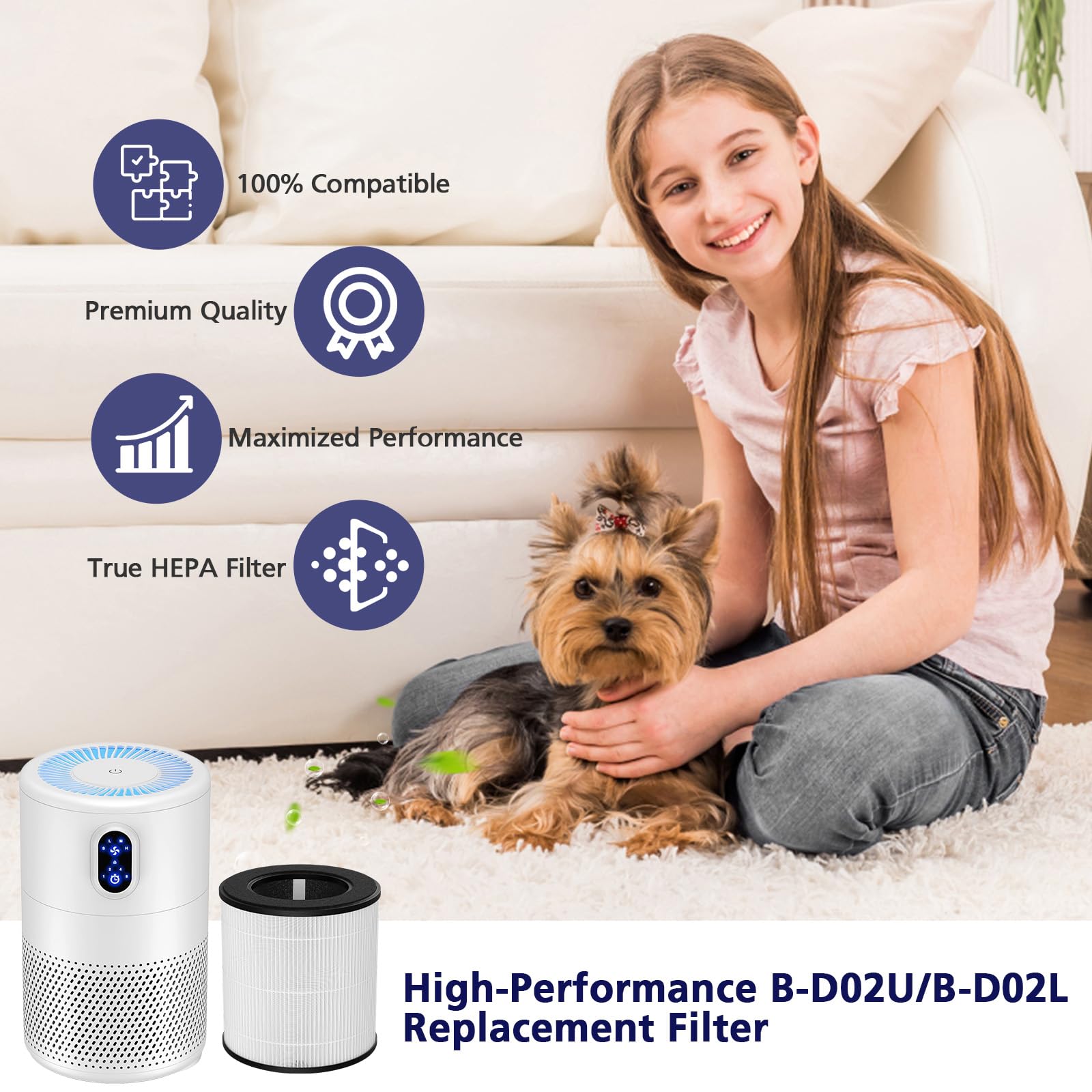 B-D02U True HEPA Filter Compatible with VEWIOR B-D02U, for MOOKA B-D02L& M05, for Tailulu D10 Air Purifi-er, 3-Stage H13 True HEPA Filter, 2 Pack