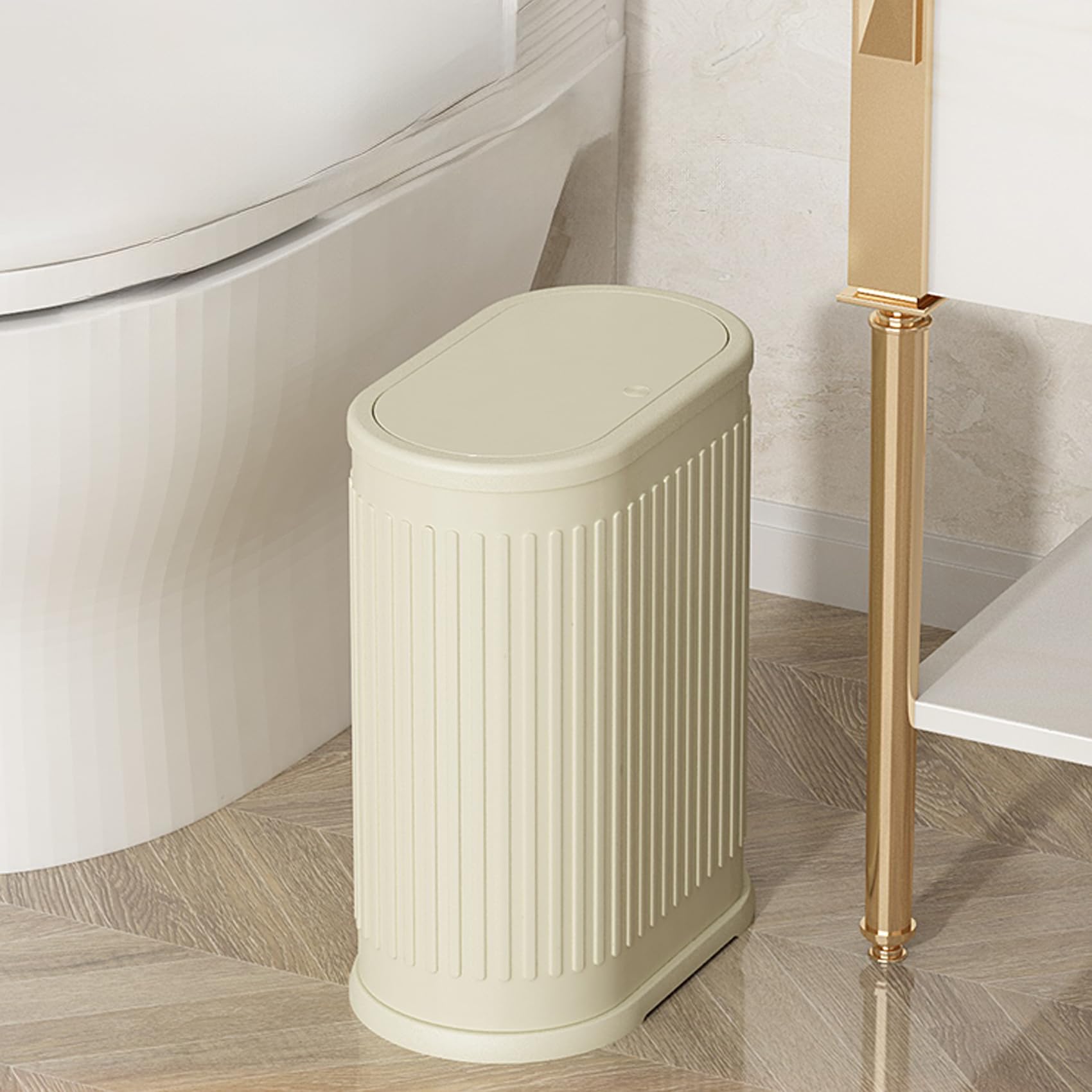6 Liter Trash Can with Lid, Small Bathroom Trash Can Wastebasket, Slim Garbage Can with Inner Bucket, Press Top Lid Garbage Container Bin for Kitchen, Home, Office, Bedroom, Living Room (Cream Color)