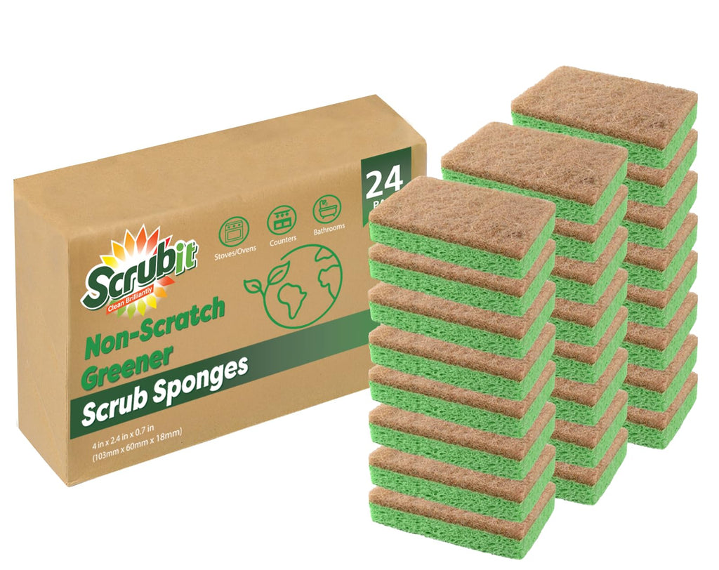 Natural Plant-Based Scrub Sponge by Scrub-it, Non-Scratch, Biodegradable scrubbing sponges with a Tough scouring pad for Kitchen and Bathroom– 24 Pack