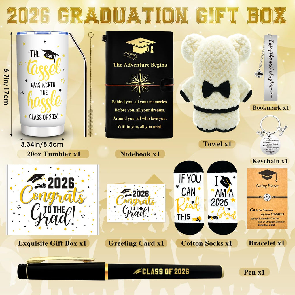 10 Pieces 2026 Graduation Gift Box Set, Class of 2026 Graduation Gift Basket with 20 Oz Tumbler, Socks, Bear Towel, Journal Notebook, Pen, Bookmark, Bracelet for High School College Gifts