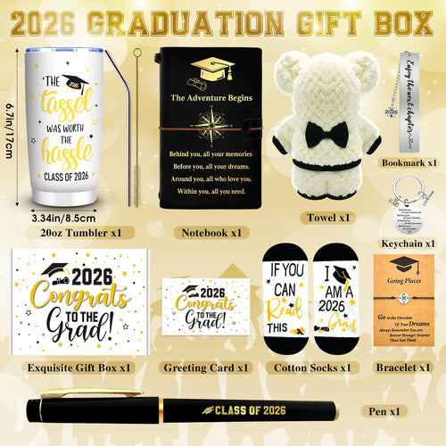 10 Pieces 2026 Graduation Gift Box Set, Class of 2026 Graduation Gift Basket with 20 Oz Tumbler, Socks, Bear Towel, Journal Notebook, Pen, Bookmark, Bracelet for High School College Gifts