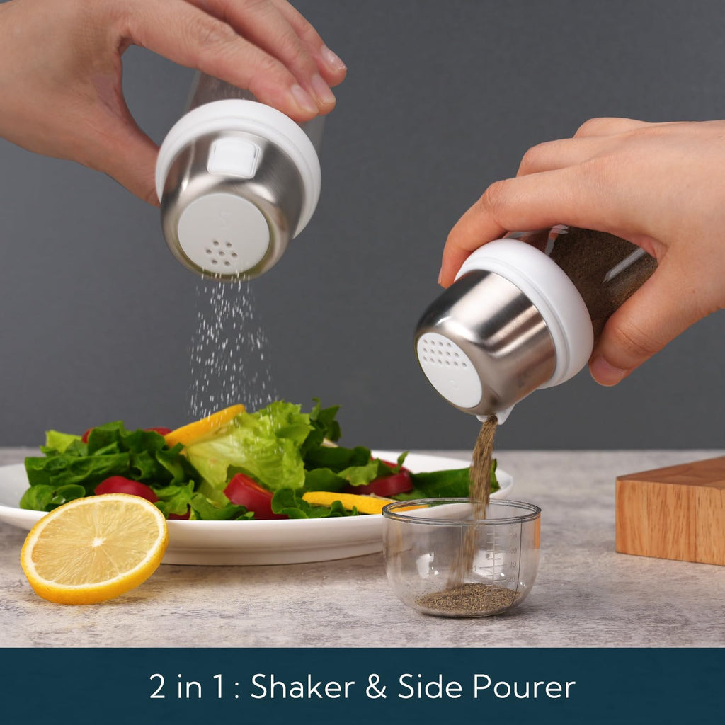 KTCHENDAO 2 in 1 Glass Salt and Pepper Shaker with Side Pour Spout, Built-in Lid to Slow Down Dampness with Measuring Marks, Elegant Borosilicate Glass Salt Dispenser for Kitchen, BPA Free,4oz (White)