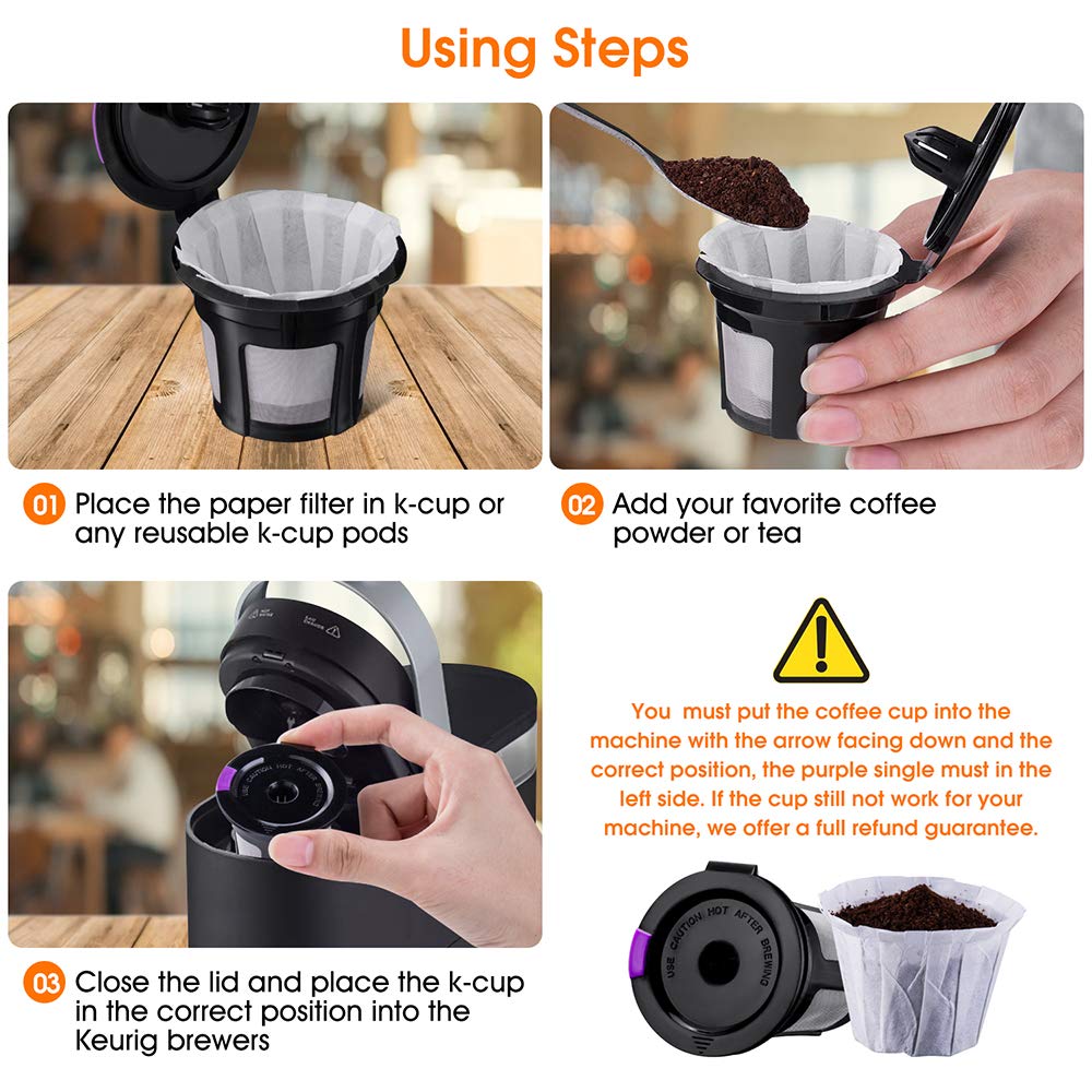 Reusable K Cups with Paper Filters Set, Including 4 Pack K Cups and 100 PCS Coffee Filters for Keurig 1.0 and 2.0 Brewers, Paper Filters Fit Reusable K-Cup Pods