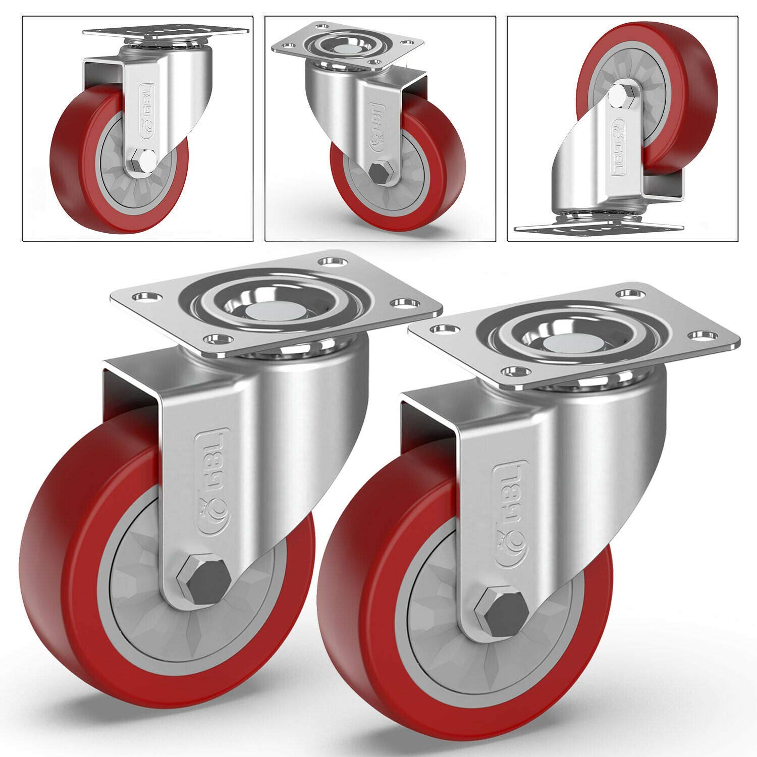 GBL 4" Heavy Duty Caster Wheels Without Brakes + Screws - up to 1320Lbs - Set of 4 No Floor Marks Silent Castor for Furniture - Rubbered Dolly Swivel Wheels - Silver Casters