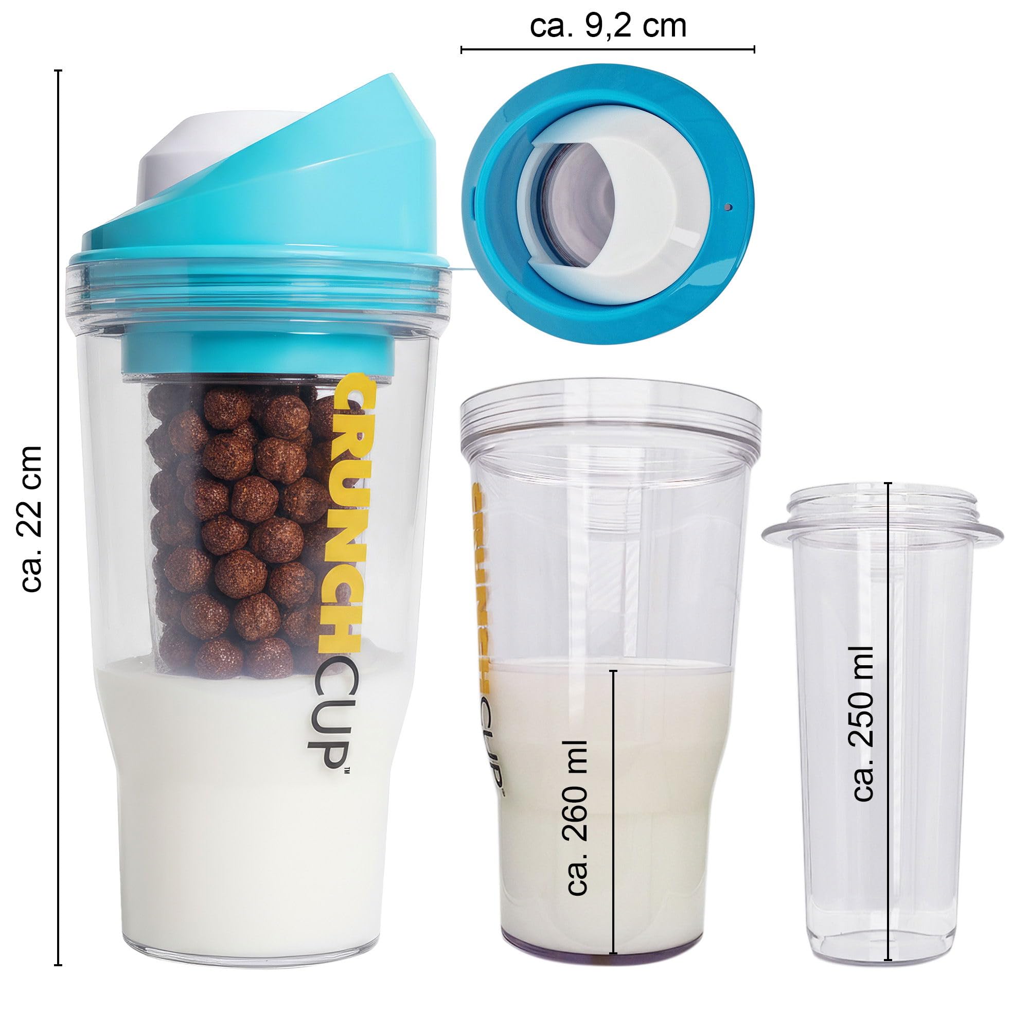 The CRUNCHCUP XL Blue - Portable Plastic Cereal Cups for Breakfast On the Go, to Go Cereal and Milk Container for Your Favorite Breakfast Cereals, No Spoon or Bowl Required