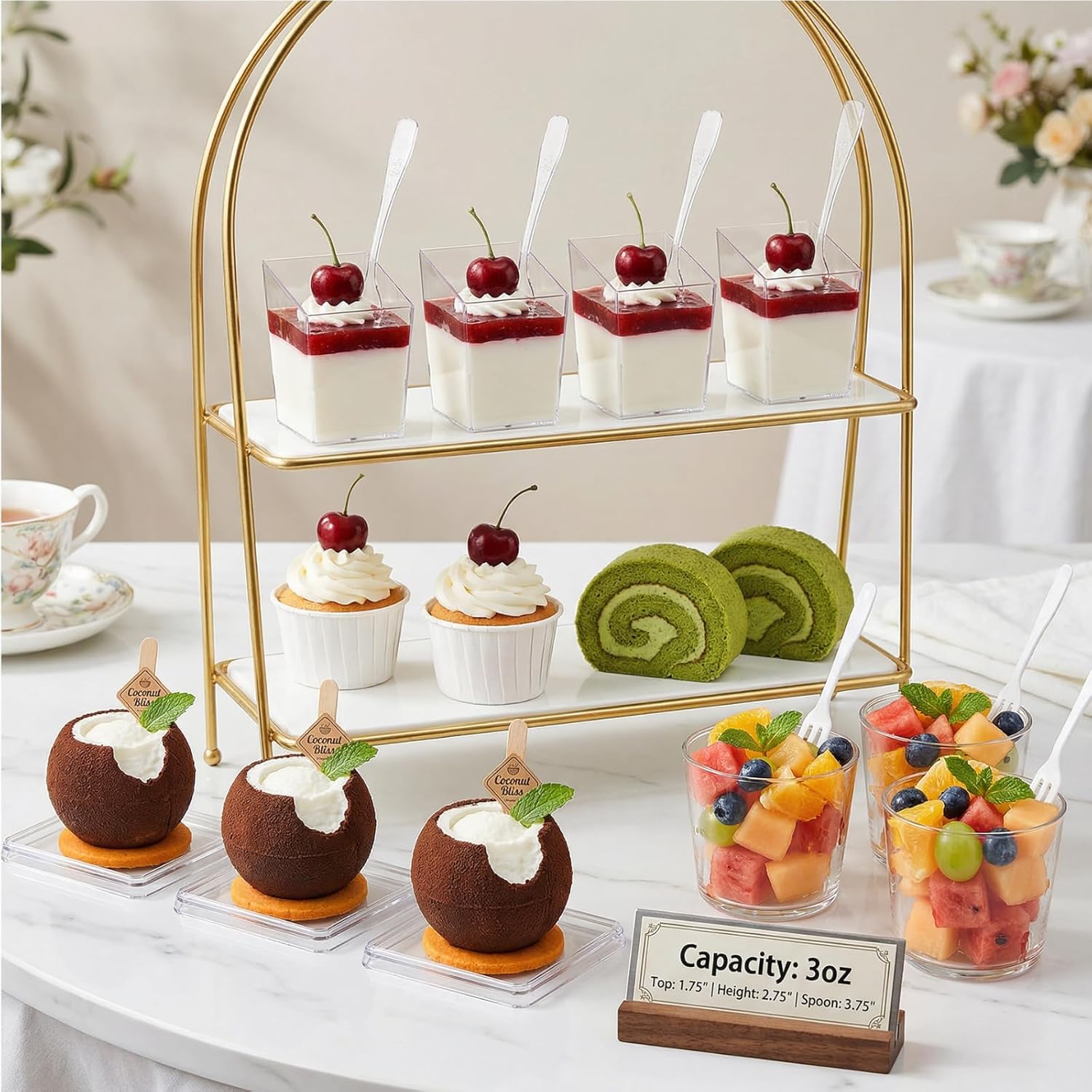 Okllen 100 Pack 3 Oz Mini Dessert Cups with Spoons, Clear Slanted Square Dessert Tumbler Thick Plastic Shot Glasses, Appetizer Parfait Cups Small Serving Bowls for Ice Cream, Puddings, Tasting Party