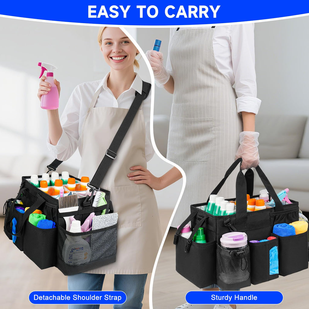 Jaffzora Cleaning Caddy Bag, Cleaning Supplies Organizer for Housekeepers, Housekeeping Caddy with Handle and Detachable Padded Cushion, Black