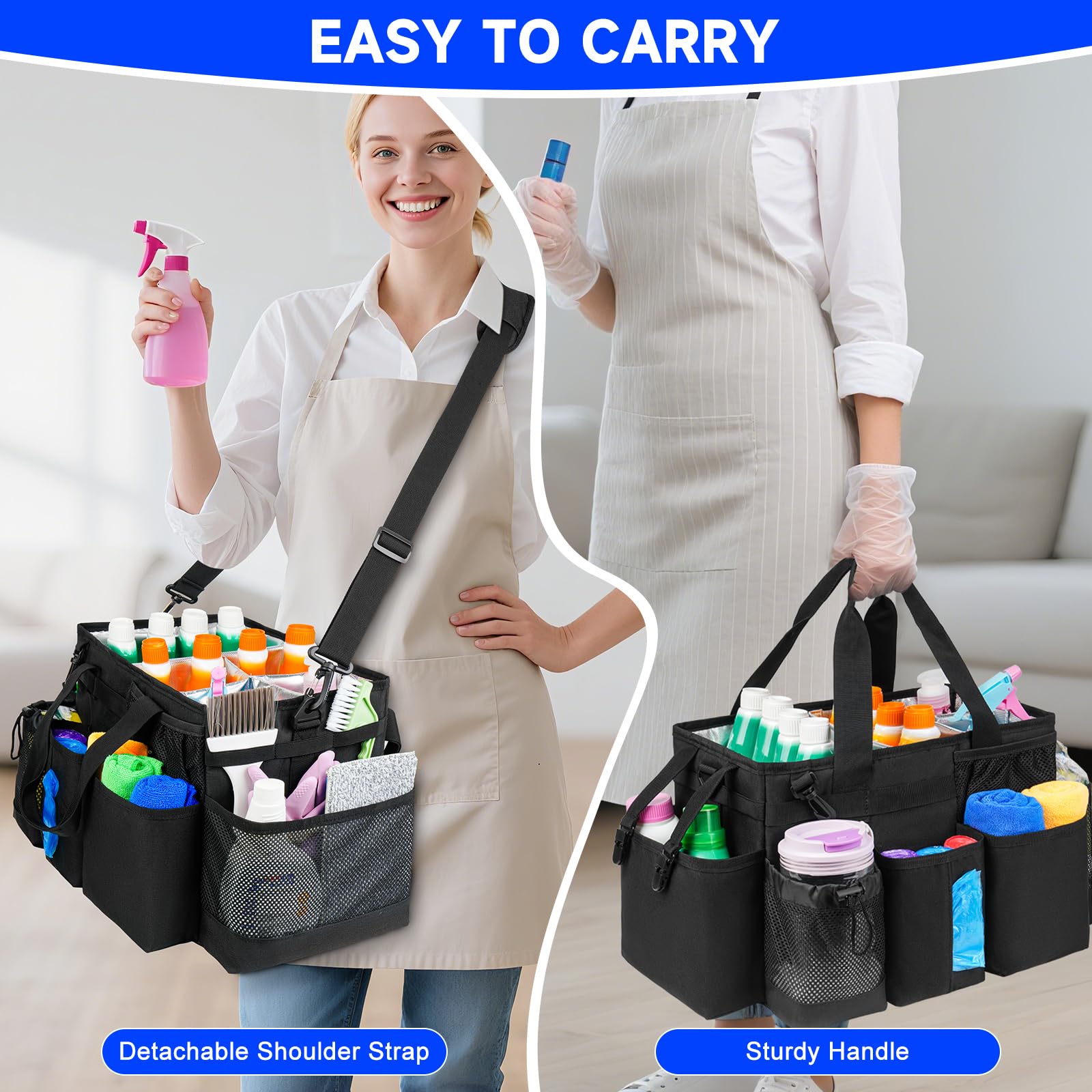 Jaffzora Cleaning Caddy Bag, Cleaning Supplies Organizer for Housekeepers, Housekeeping Caddy with Handle and Detachable Padded Cushion, Black