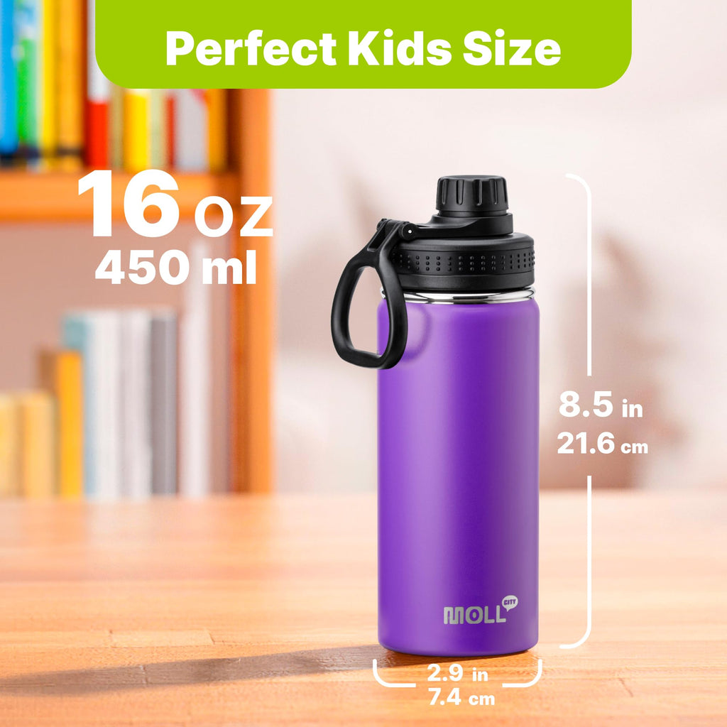 Mollcity 16 oz Water Bottle for School Kids Stainless Steel Double Wall Vacuum Insulated Sports Water Bottle Leak Proof-Reusable Metal Flask with Silicone Boot for Travel, BPA-Free(Purple)