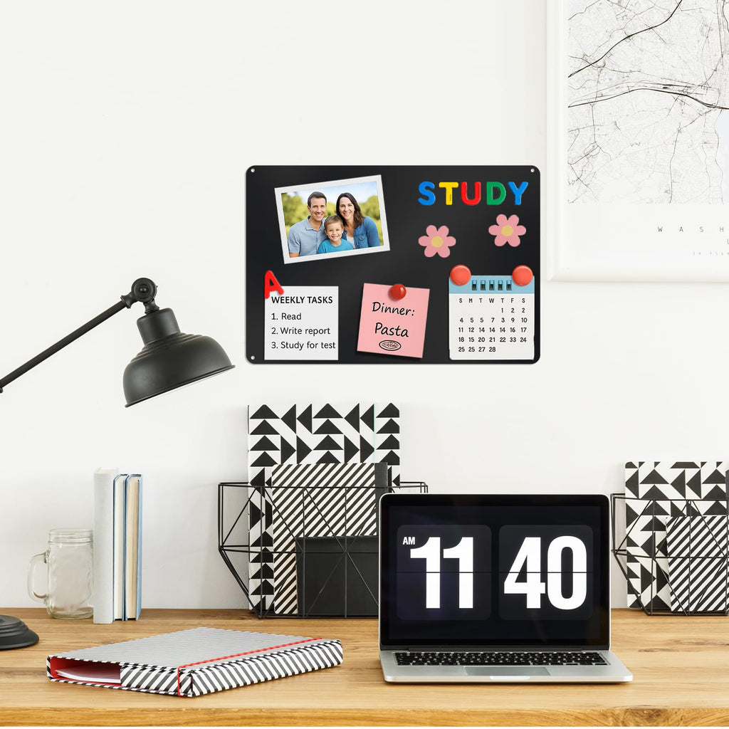 Lanpul 2 Pack Black Metal Magnetic Board, 17.3" x 11.8" Magnet Bulletin Board for Wall & Refrigerator, Display Photos Notes Letters Numbers Board, School Kitchen, with Dual Lock Tape and Screws