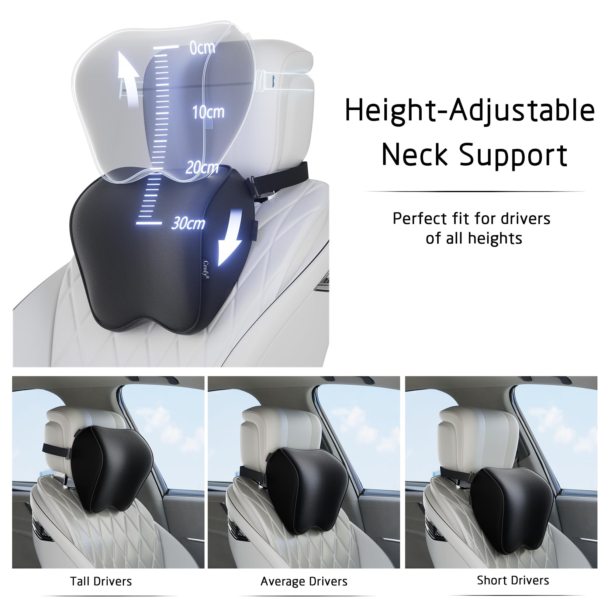 Crofy 2 Pack Car Neck Pillow, Softness Car Headrest Pillow for Driving with Adjustable Strap, 100% Memory Foam and Breathable Removable Cover, Comfortable Ergonomic Design