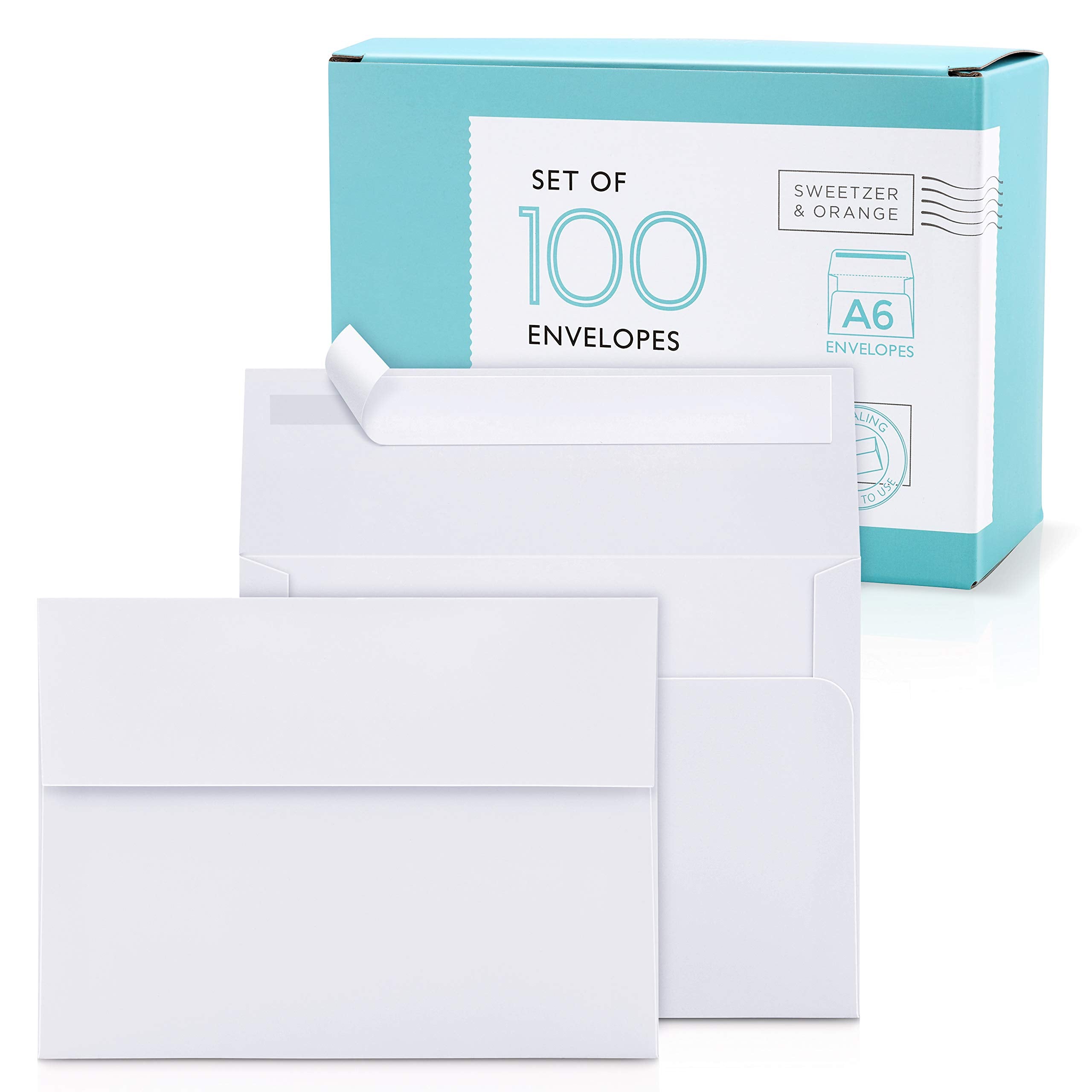 Sweetzer & Orange A6 Envelopes for 4x6 Cards. (100 with Box). White Envelopes Self Seal. Luxury 150gsm for Greeting Card Envelopes, Invitation Envelopes, Postcard Envelopes and Wedding Envelopes