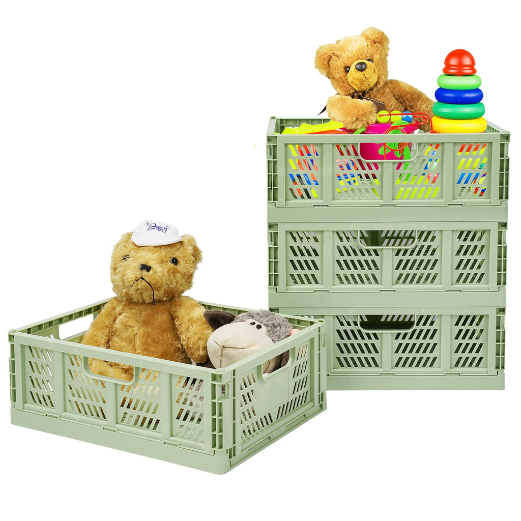 Asiulalt 4 Pack Plastic Storage Bin, Stackable Storage Container Crate with Handle, Collapsible Storage Basket for Organizing Home Office Shelves Closet Nursery (Green,13.3"x10.2"x5.1")