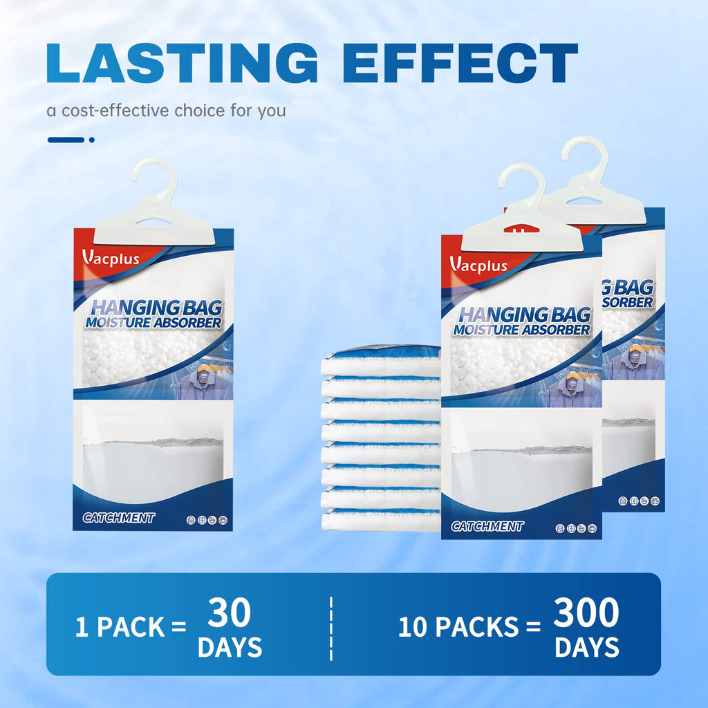 Vacplus Moisture Absorbers Packets, Fragrance Free 10 Pack, Humidity Packs, Dessicant Packets, Hanging Closet Dehumidifier Bags, Dehumidifier for Bathroom, Blue, 30.0 x 16.0 cm