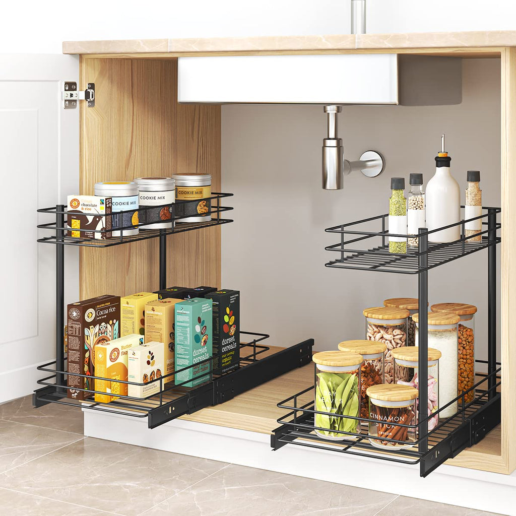 FANHAO Pull Out Cabinet Organizer, 2 Tier Wire Basket Under Sink Slide Out Storage Shelf with Sliding Drawer Storage - 10.43W x 17.32D x 14.56H, Request at Least 12 inch Cabinet Opening, Matte Black