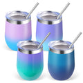 Volhoply 12oz Stainless Steel Wine Tumbler with Lid Bulk 4 Pack,Double Wall Vacuum Stemless Wine Glasses,Reusable Metal Travel Coffee Mug with Straw,Insulated Cup Gifts for Christmas（Assorted,4 Set）
