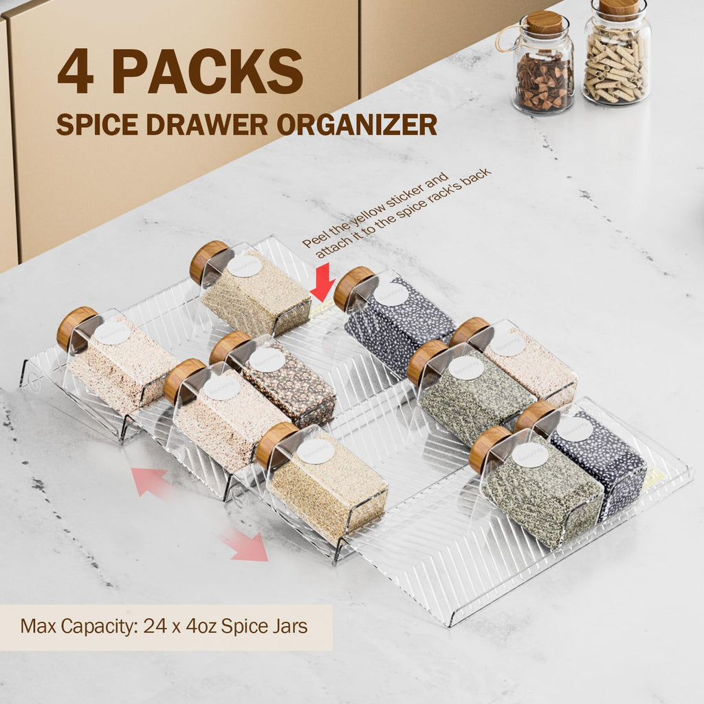 PanPanPal Spice Drawer Organizer, 4 Pack Clear Seasoning Organizer Rack, Kitchen Spice Rack Organizers for Drawer/Countertop (Jars Not Included, Expandable From 11" to 22" Wide)